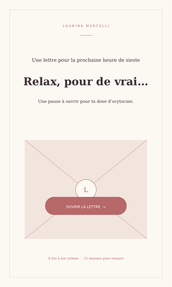 Couverture de la lettre Relax, pour de vrai, dans des tons crème et rose, avec une enveloppe.